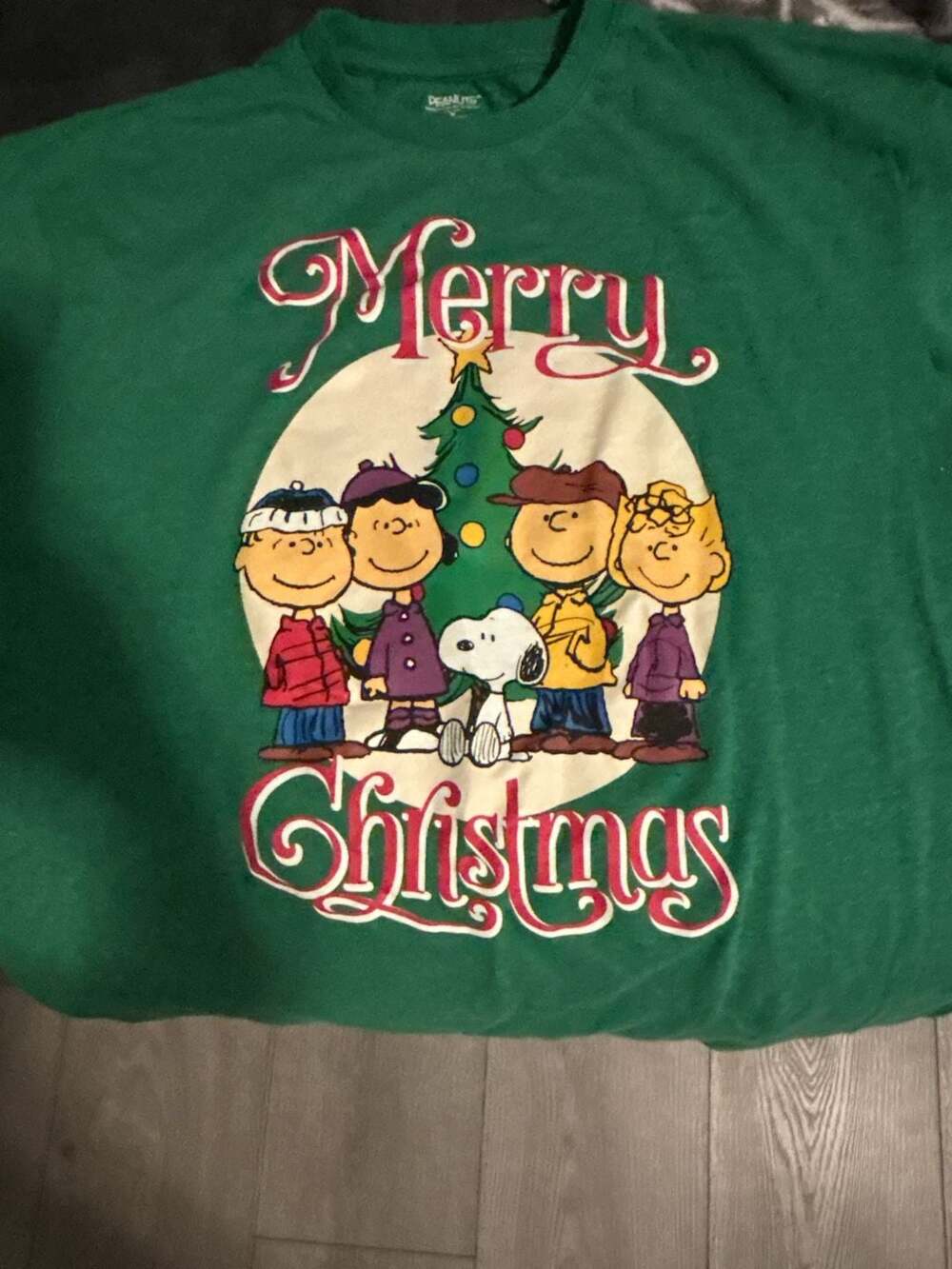 Peanuts Merry Christmas Green Snoopy Charlie Brown Graphic T-Shirt Medium